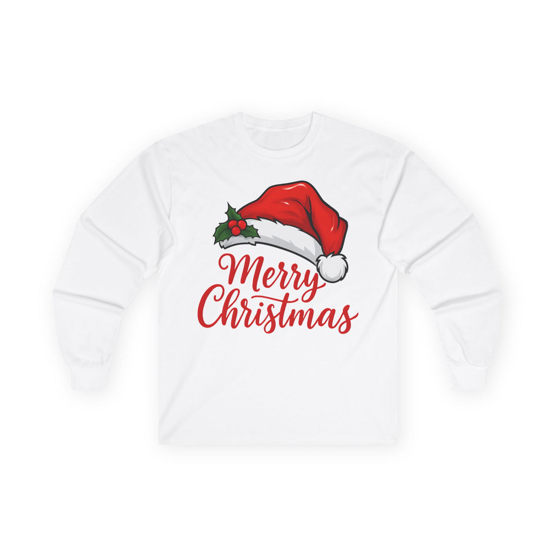 Christmas Long Sleeve Tee — 'Merry Christmas' Santa Hat Holiday Shirt