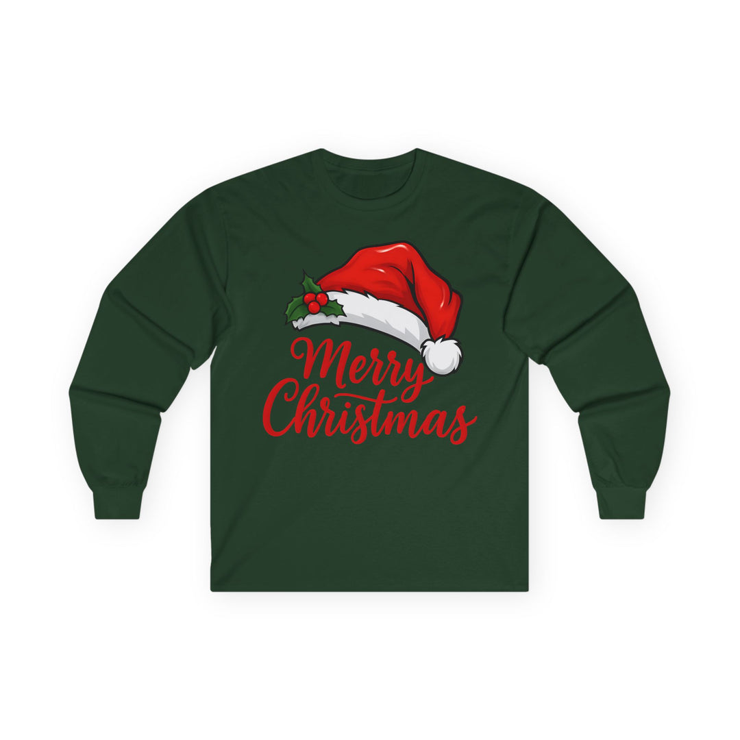 Christmas Long Sleeve Tee — 'Merry Christmas' Santa Hat Holiday Shirt