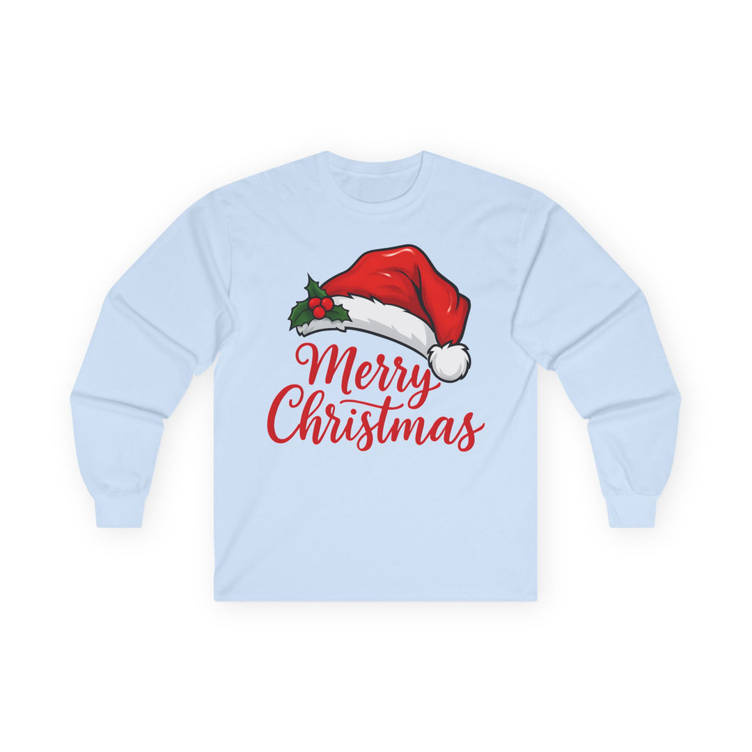 Christmas Long Sleeve Tee — 'Merry Christmas' Santa Hat Holiday Shirt