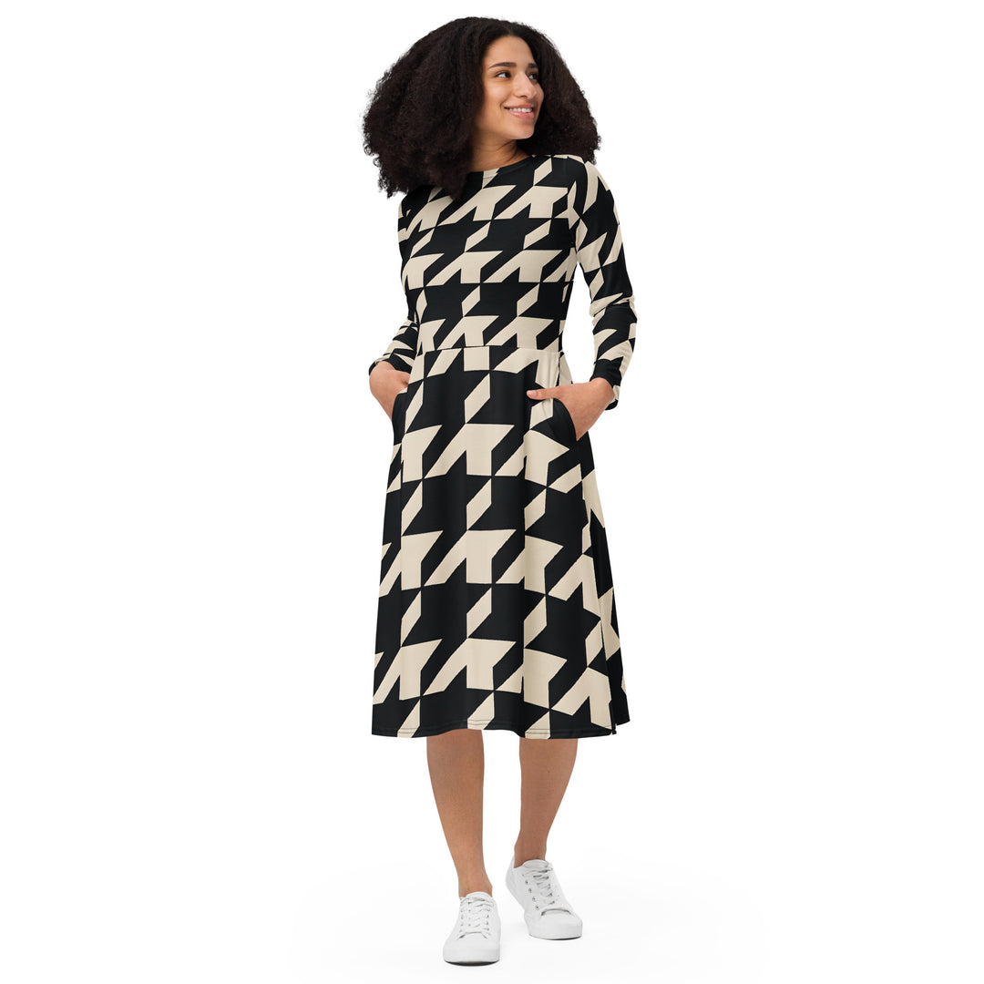 Gutsy Garb houndstooth midi dress in black and cream with long sleeves A line silhouette and pockets
