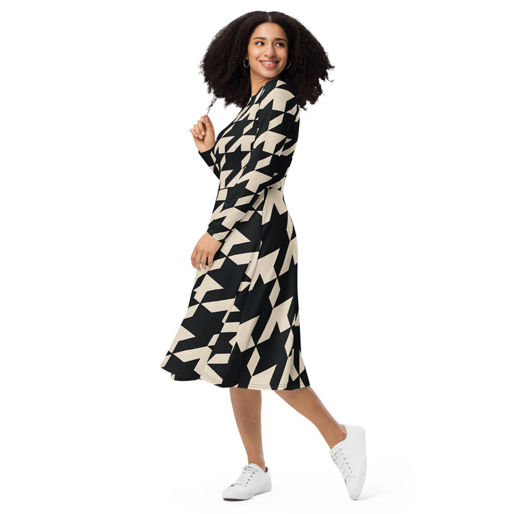 Gutsy Garb black and beige houndstooth midi dress with long sleeves A line silhouette styled with white sneakers