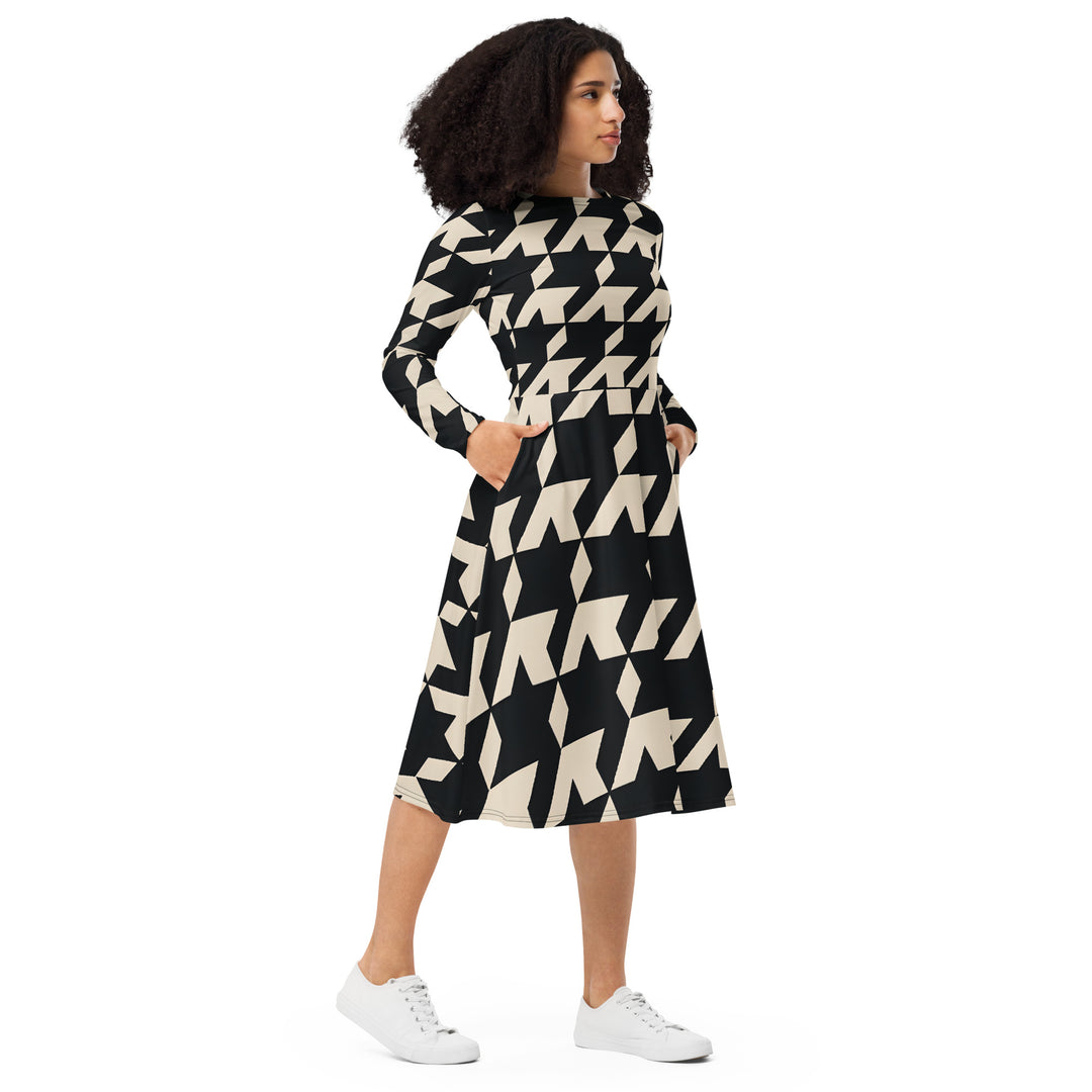Gutsy Garb houndstooth midi dress black and cream long sleeve fit and flare with pockets