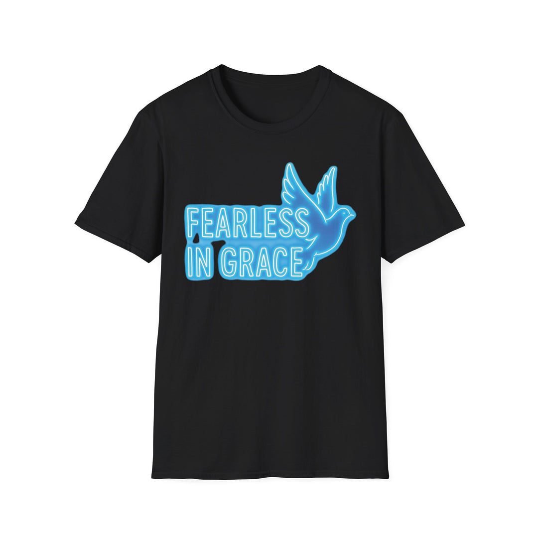 Black Christian motivational t-shirt featuring a blue dove and the text 'Fearless in Grace'