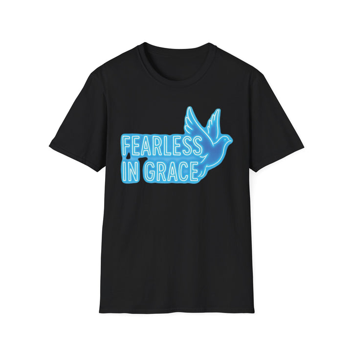 Black Christian motivational t-shirt featuring a blue dove and the text 'Fearless in Grace'