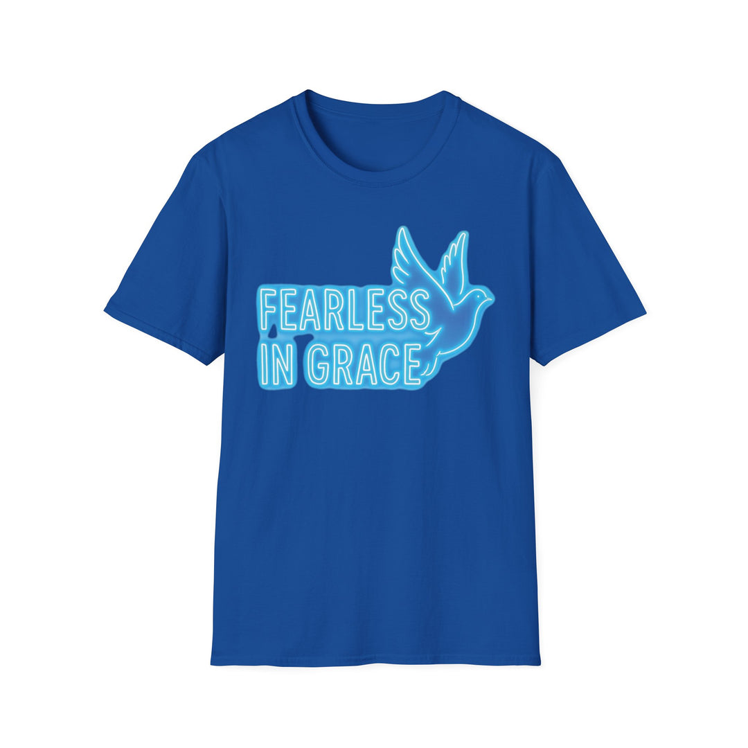 Blue Christian motivational t-shirt featuring a dove and the phrase Fearless in Grace