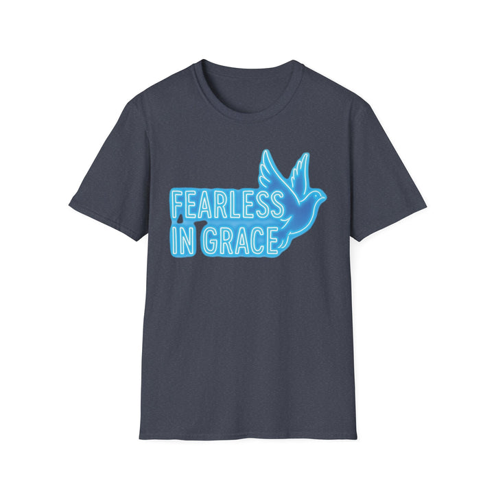 Christian motivational t-shirt featuring a blue neon graphic with the text Fearless in Grace and a dove