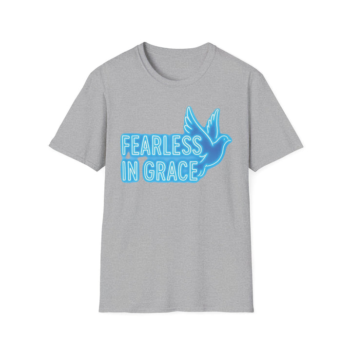 Gray Christian motivational t-shirt with blue print reading Fearless in Grace and a dove design