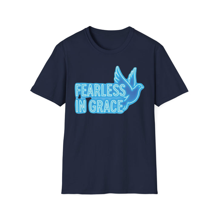 Christian motivational t-shirt featuring a blue graphic of a dove and the phrase Fearless in Grace