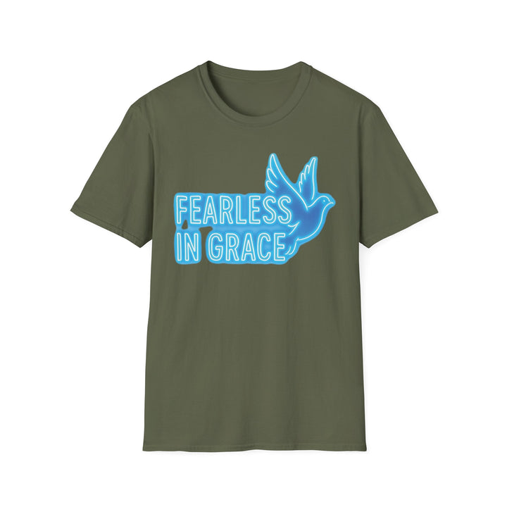 Olive Green Christian Motivational T-Shirt with Neon Blue 'Fearless in Grace' Design