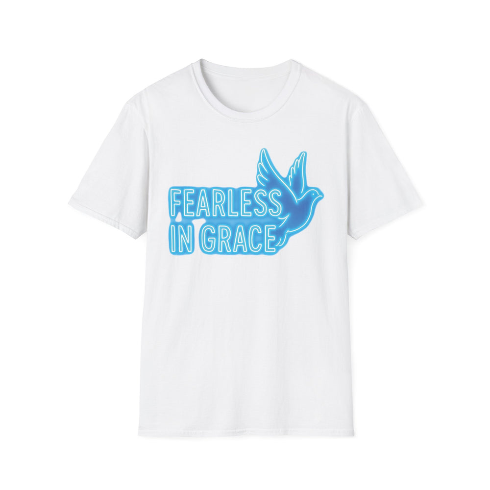 Christian motivational t-shirt featuring a blue dove and the text Fearless in Grace on a white background