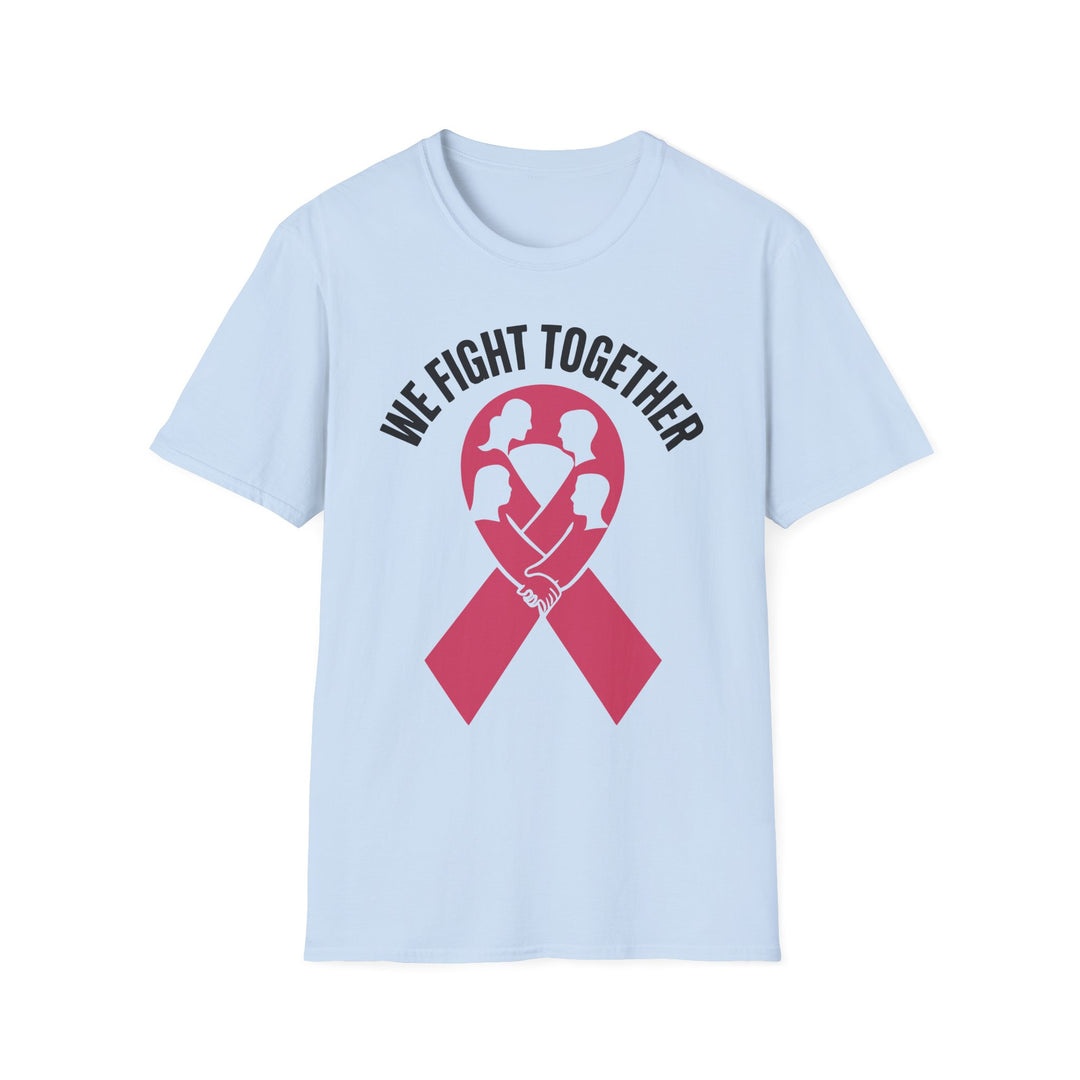 Light blue We Fight Together Inspirational Tee with ribbon and figures symbolizing support