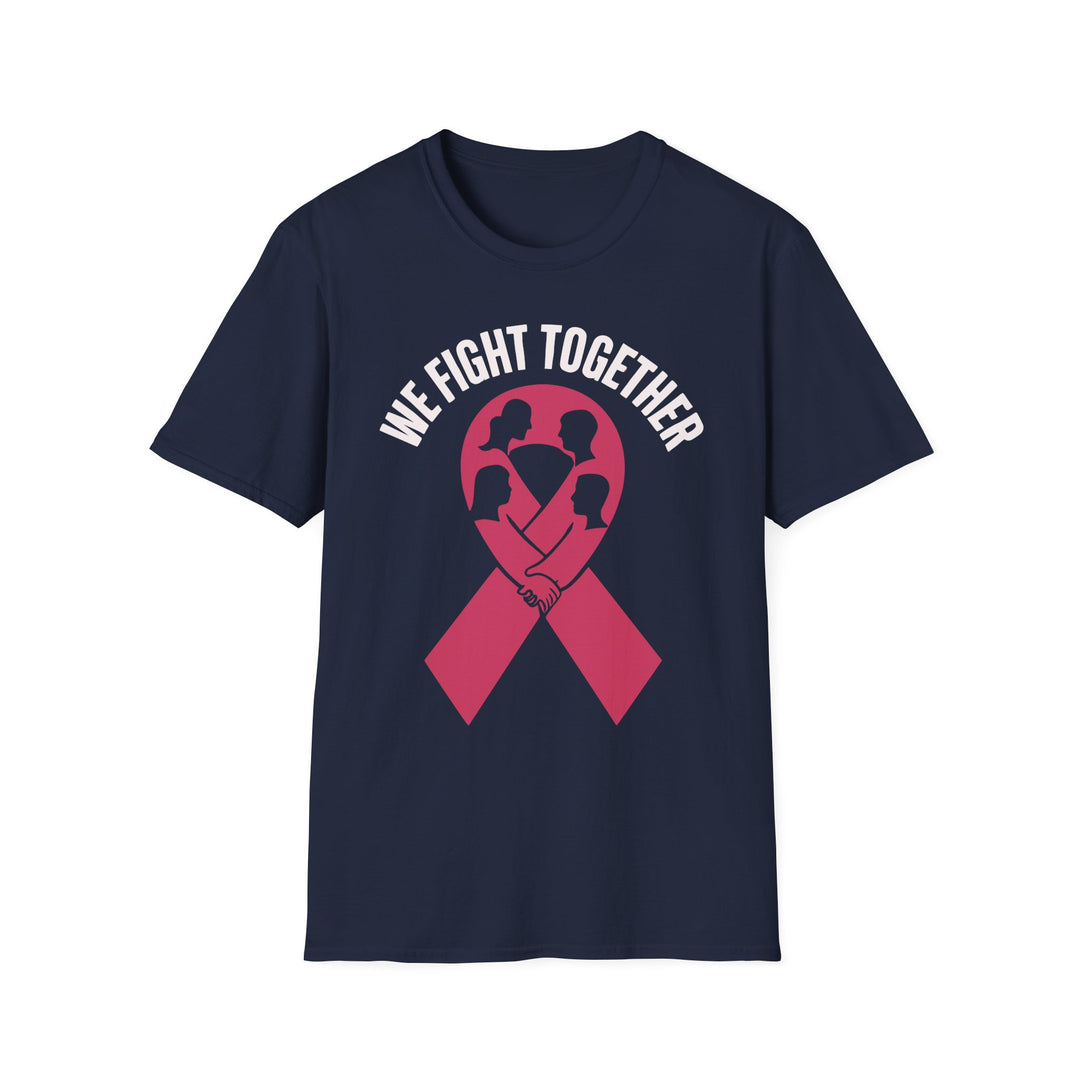 Navy We Fight Together Inspirational Tee featuring a pink ribbon and silhouettes of people holding hands