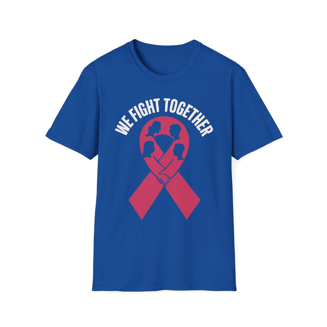 We Fight Together Inspirational Tee in Blue with Red Ribbon Graphic for Motivation and Unity