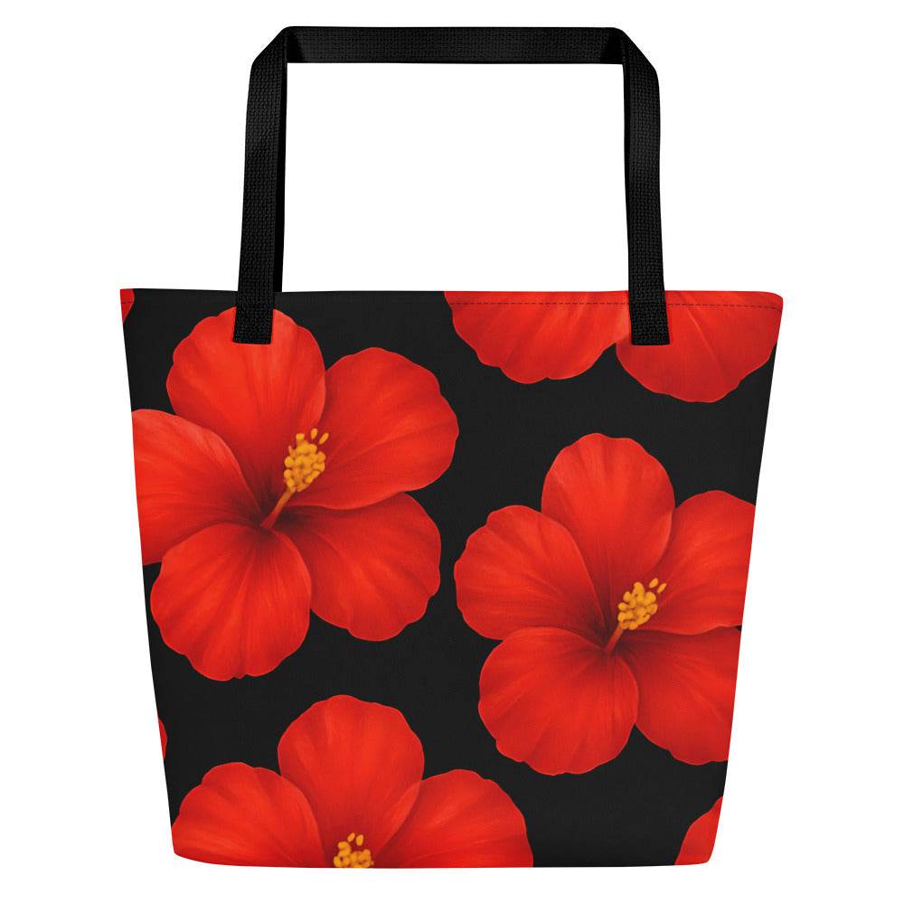 Hibiscus Beach Tote with Bold Red Flowers - Gutsy Garb