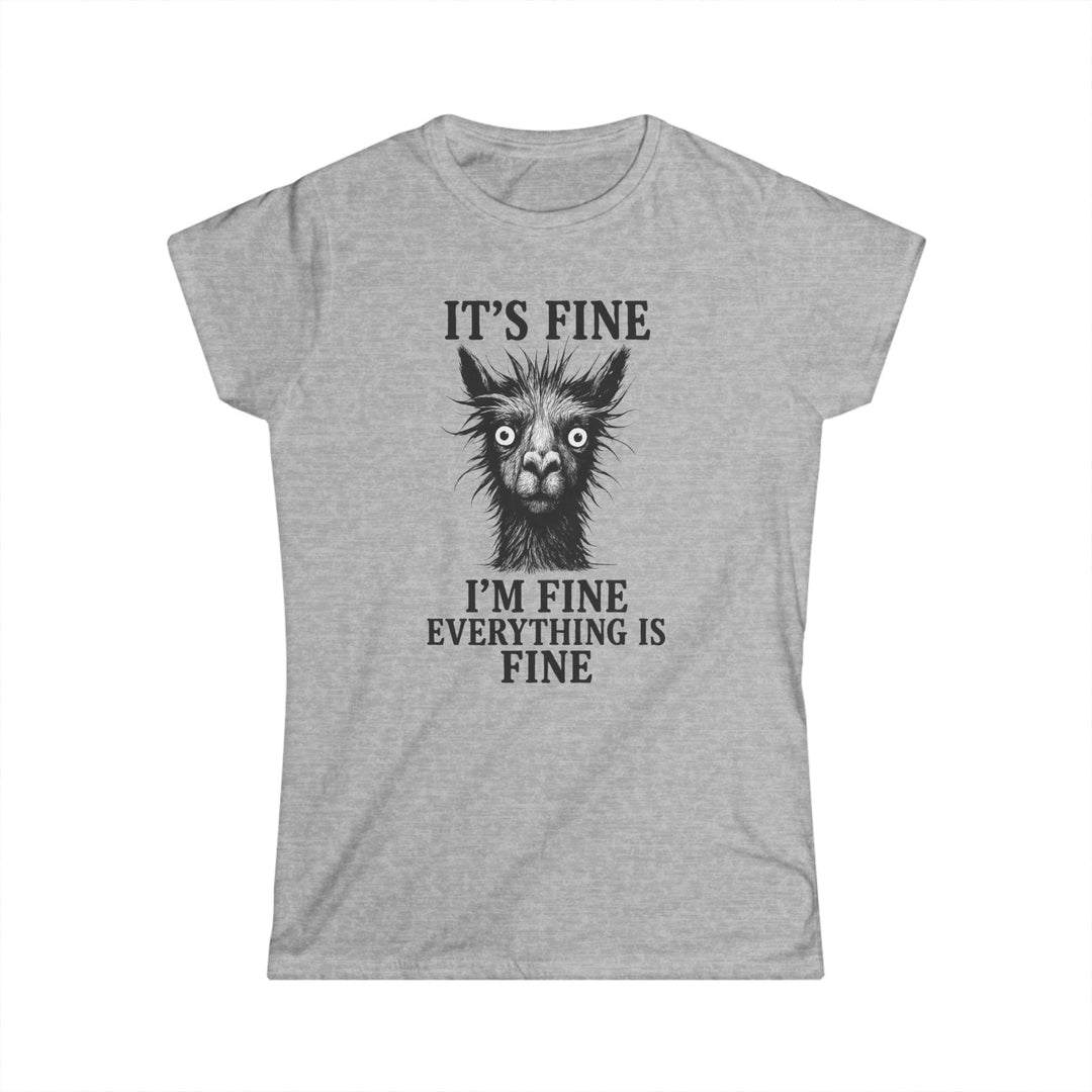 light gray womens tee with startled llama face and text Its Fine Im Fine Everything Is Fine funny llama graphic tee women