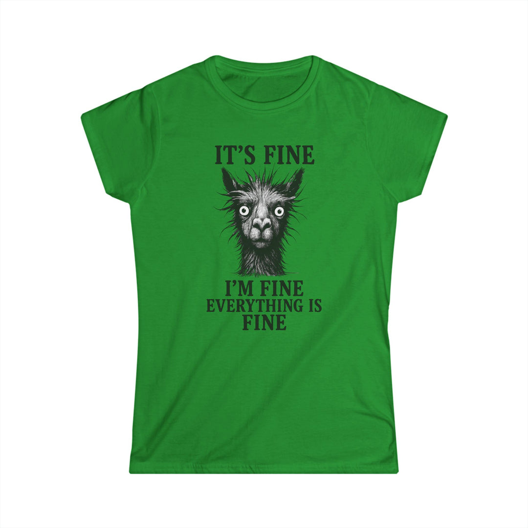 Green womens crew neck t shirt with funny llama face and text its fine im fine everything is fine funny llama graphic tee women