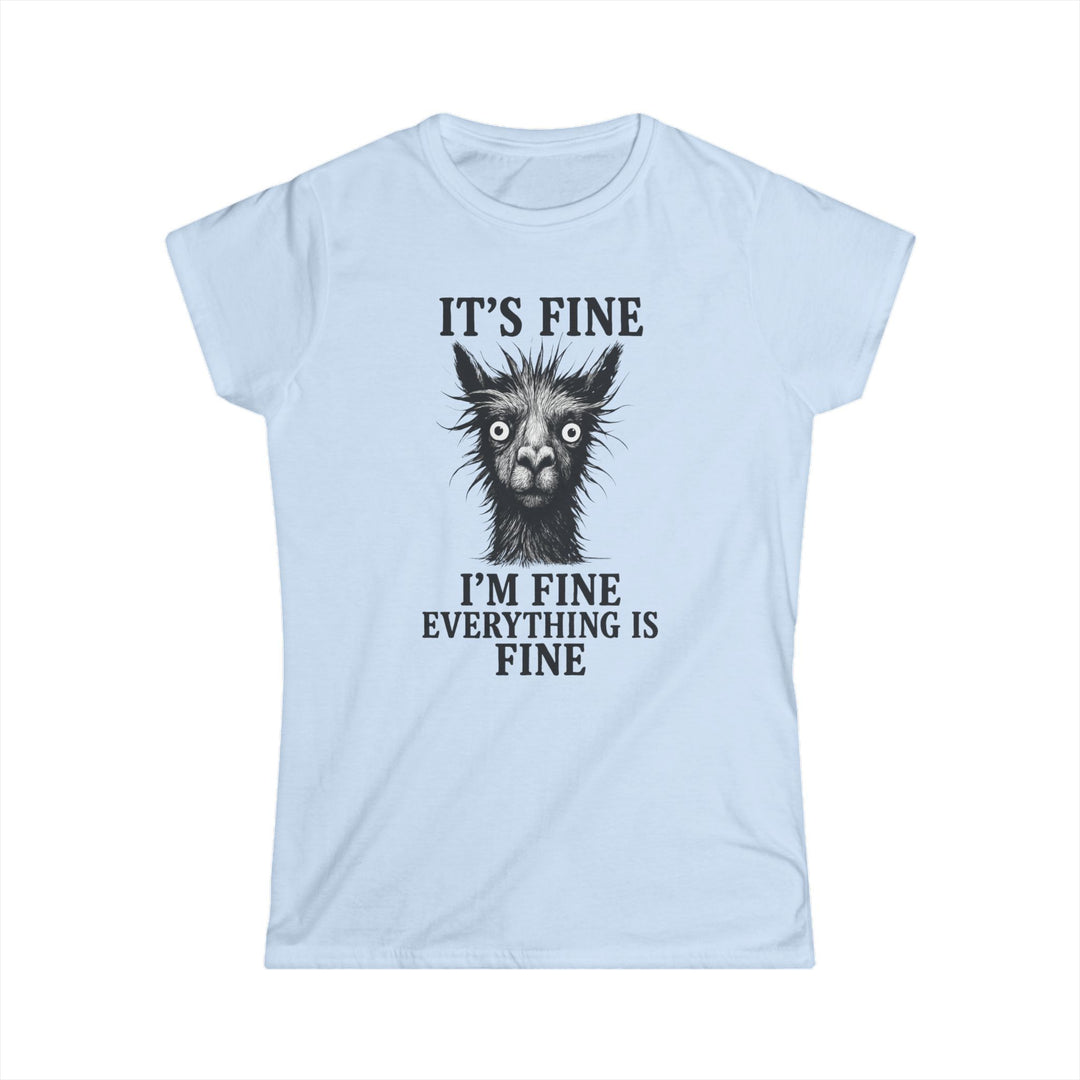Printify light blue womens t shirt with humorous spiky llama face and Its fine Im fine text funny llama graphic tee women