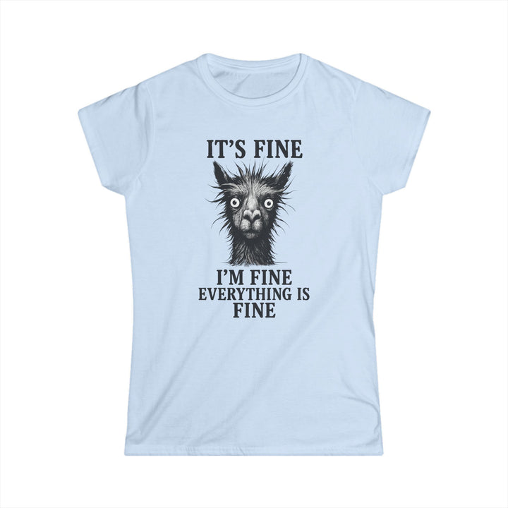 Printify light blue womens t shirt with humorous spiky llama face and Its fine Im fine text funny llama graphic tee women