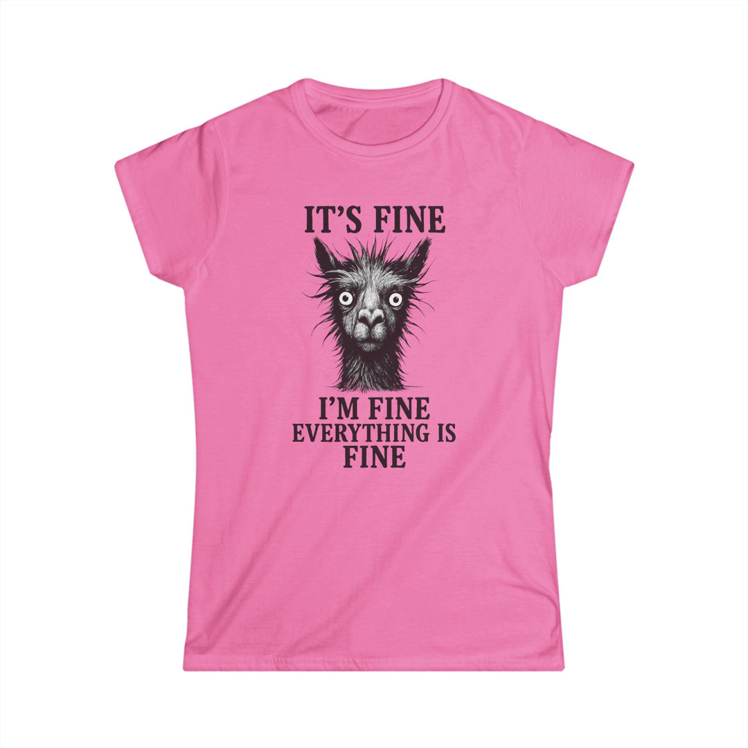 Pink Printify t shirt with black llama face and its fine im fine everything is fine printed on front funny llama graphic tee women