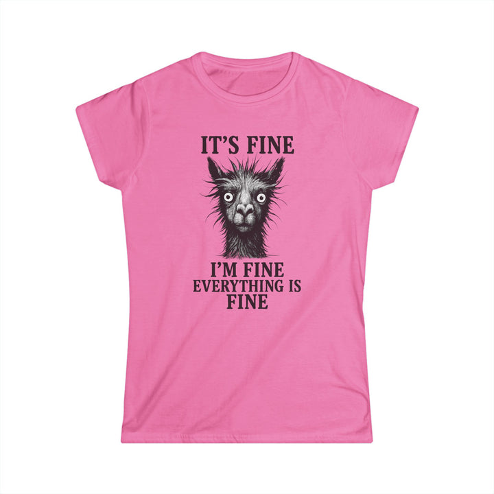 Pink Printify t shirt with black llama face and its fine im fine everything is fine printed on front funny llama graphic tee women