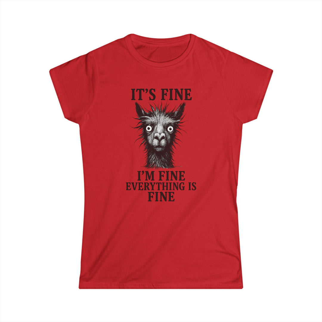 Red Printify womens fitted T shirt with quirky wide eyed llama illustration and caption Im fine funny llama graphic tee women