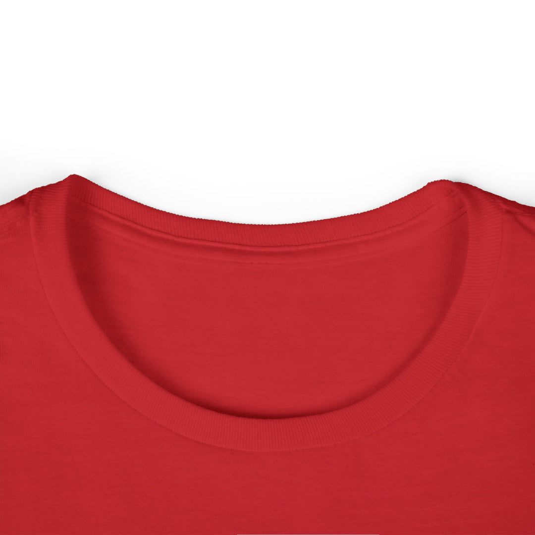 Printify red crew neck T shirt close up showing neckline and fabric texture for funny llama graphic tee women