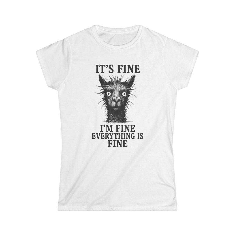 Printify white women t shirt with messy llama face and text ITS FINE IM FINE EVERYTHING IS FINE funny llama graphic tee women
