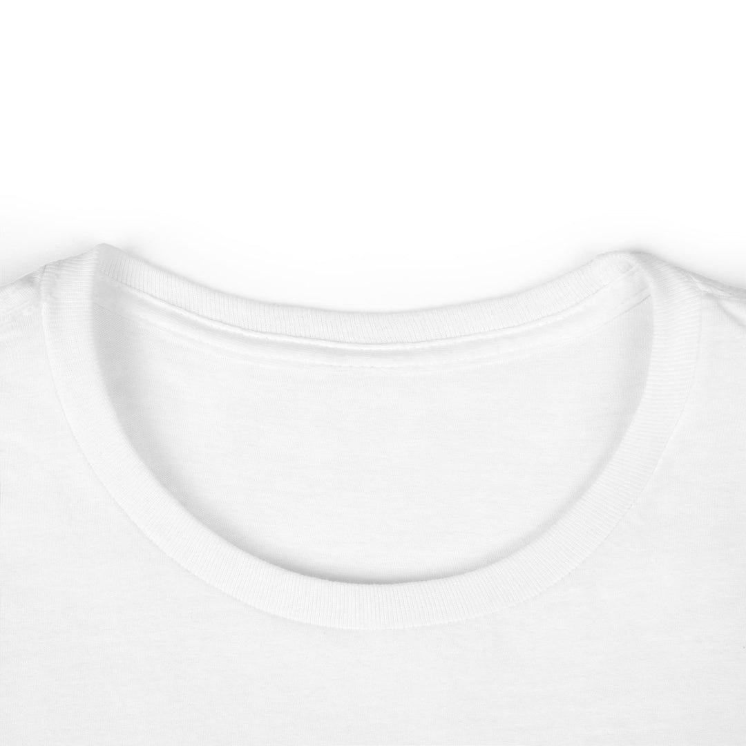 White cotton crew neck T shirt close up mockup showing neckline for funny llama graphic tee women by Printify