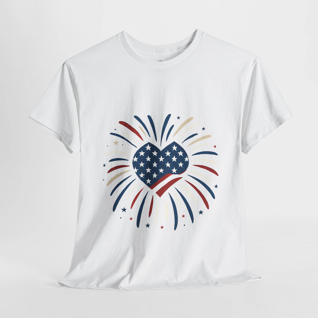 Patriotic Comfort Tee with Fireworks Heart Design - Gutsy Garb