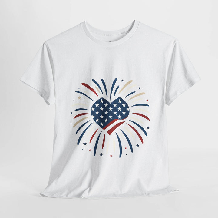 Patriotic Comfort Tee with Fireworks Heart Design - Gutsy Garb