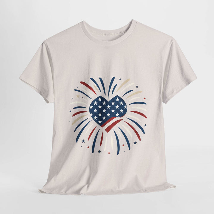 Patriotic Comfort Tee with Fireworks Heart Design - Gutsy Garb