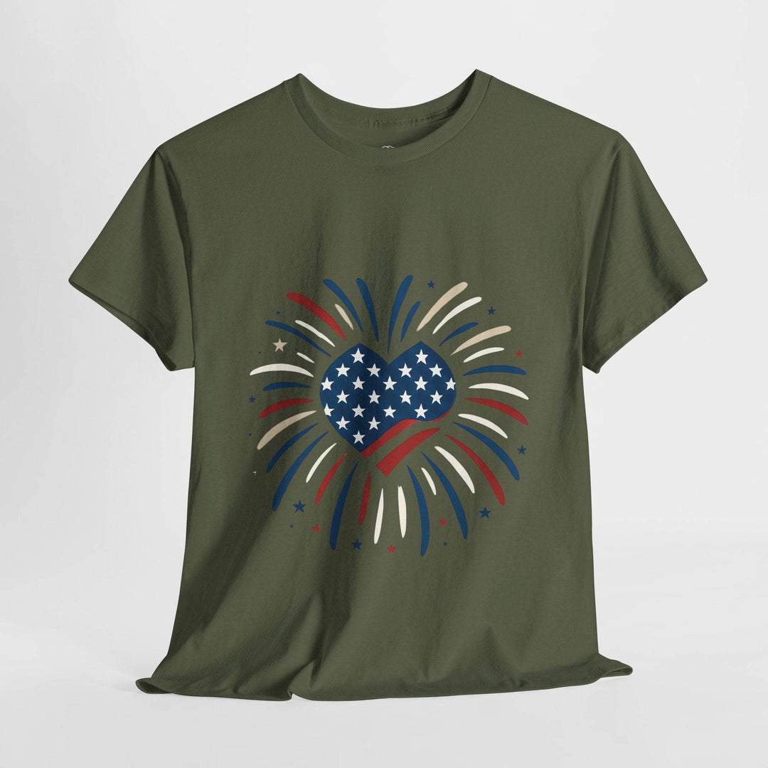Patriotic Comfort Tee with Fireworks Heart Design - Gutsy Garb