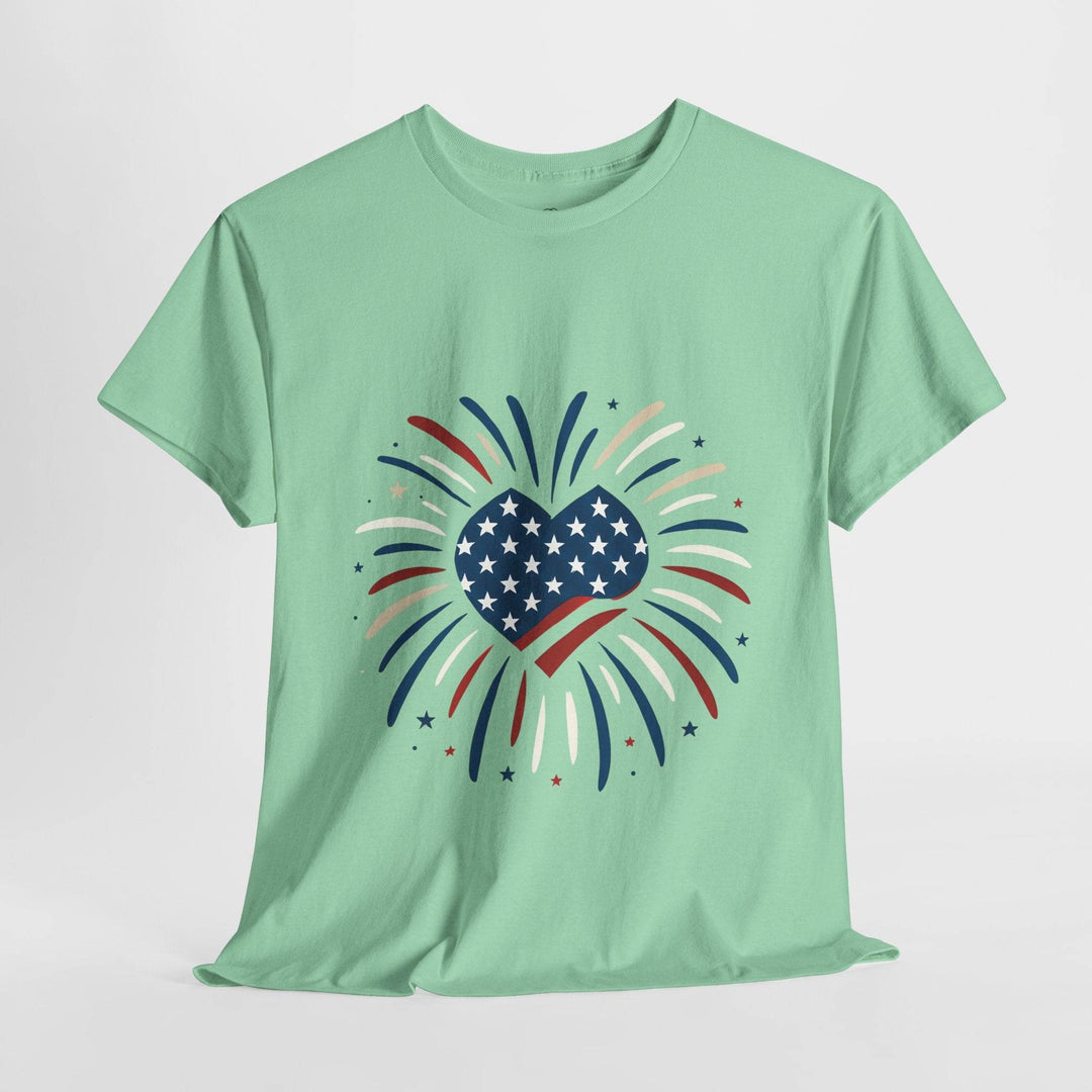 Patriotic Comfort Tee with Fireworks Heart Design - Gutsy Garb