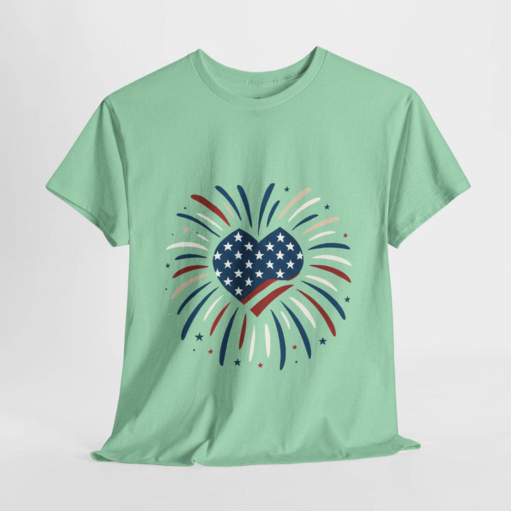 Patriotic Comfort Tee with Fireworks Heart Design - Gutsy Garb