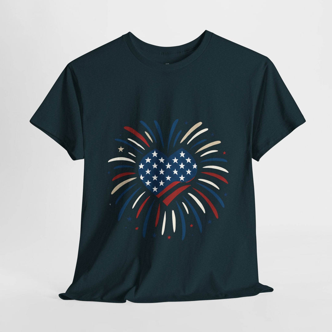 Patriotic Comfort Tee with Fireworks Heart Design - Gutsy Garb