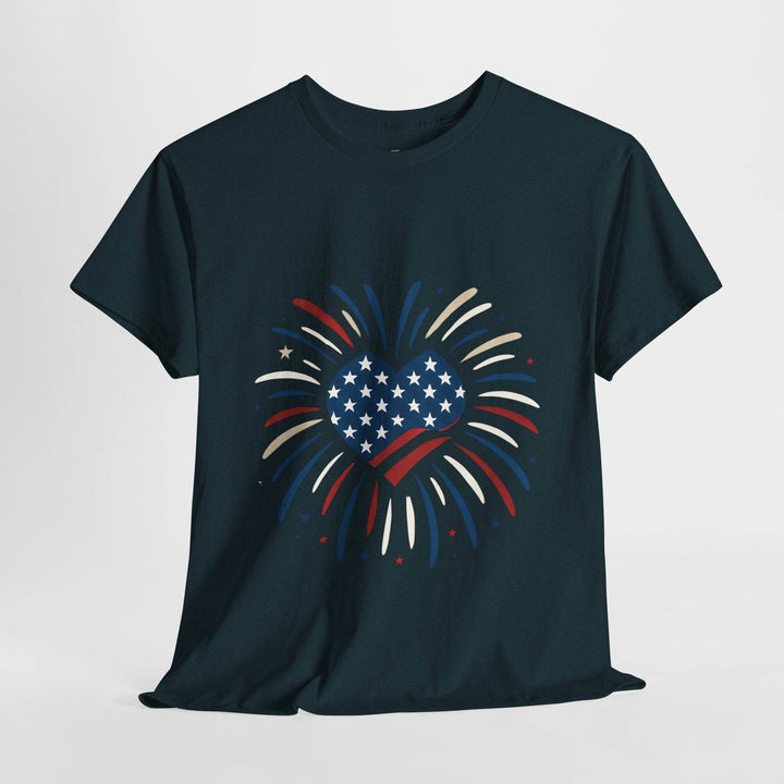 Patriotic Comfort Tee with Fireworks Heart Design - Gutsy Garb