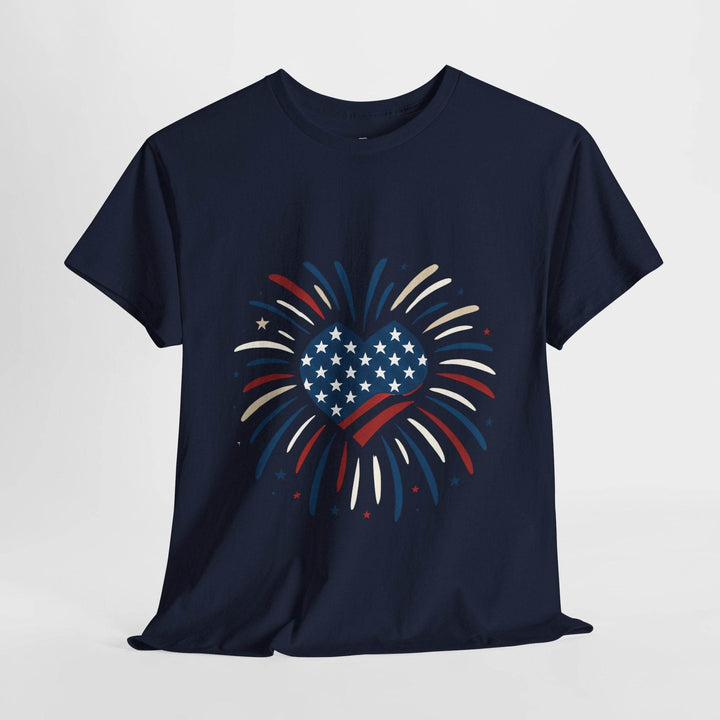Patriotic Comfort Tee with Fireworks Heart Design - Gutsy Garb