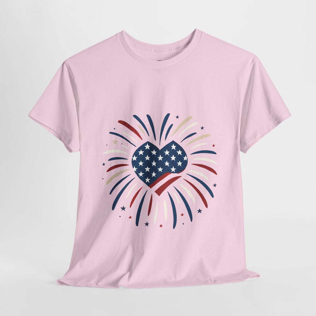 Patriotic Comfort Tee with Fireworks Heart Design - Gutsy Garb
