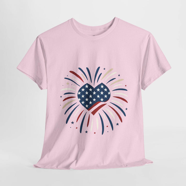 Patriotic Comfort Tee with Fireworks Heart Design - Gutsy Garb