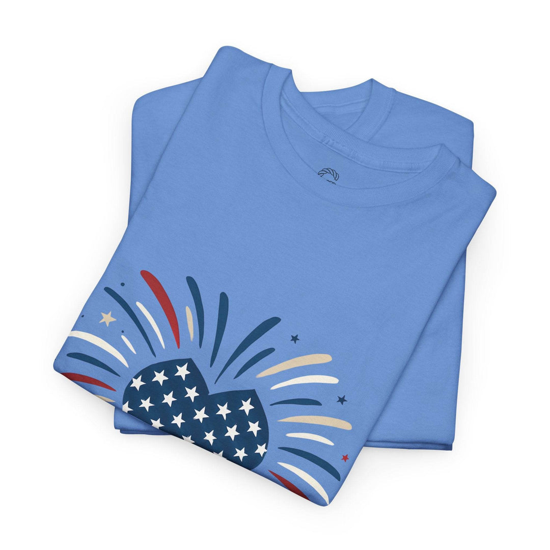 Patriotic Comfort Tee with Fireworks Heart Design - Gutsy Garb
