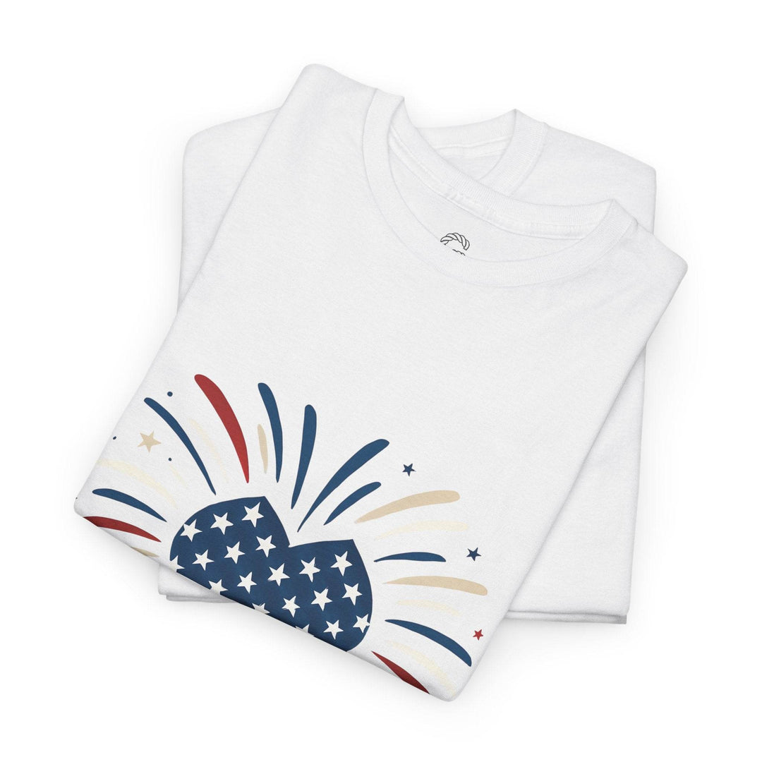 Patriotic Comfort Tee with Fireworks Heart Design - Gutsy Garb