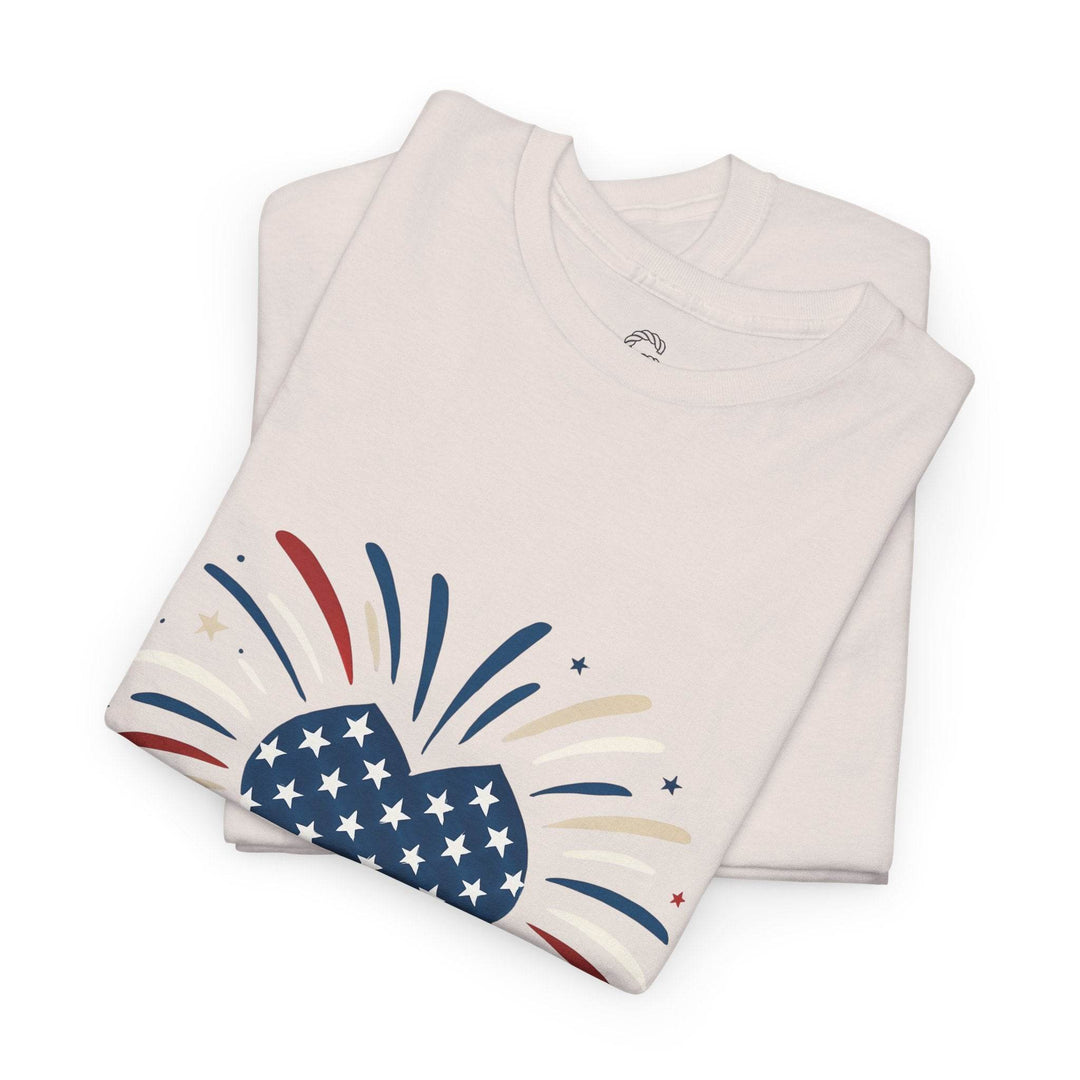 Patriotic Comfort Tee with Fireworks Heart Design - Gutsy Garb