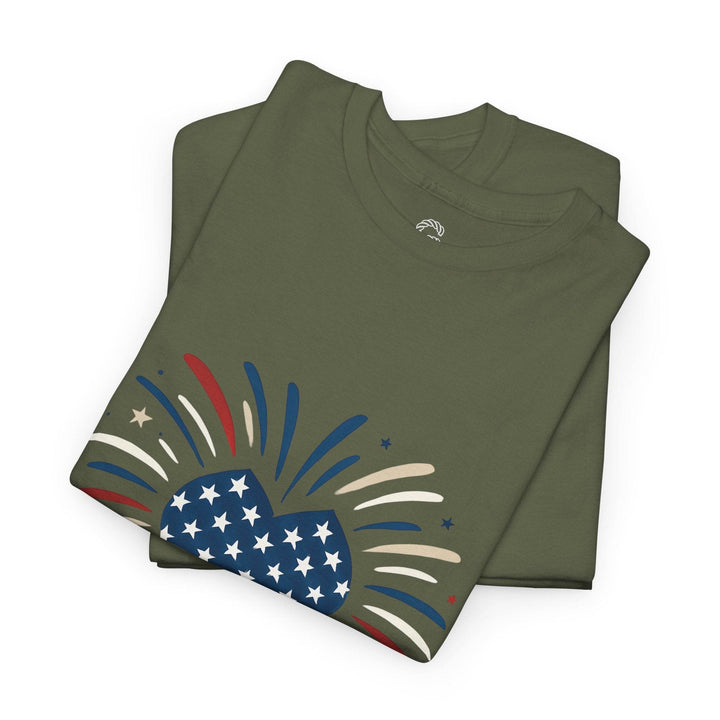 Patriotic Comfort Tee with Fireworks Heart Design - Gutsy Garb