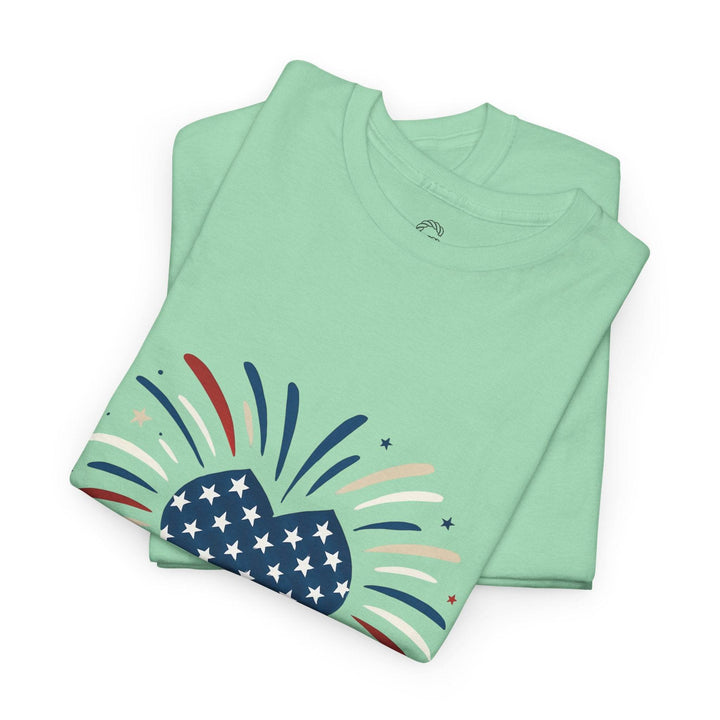 Patriotic Comfort Tee with Fireworks Heart Design - Gutsy Garb