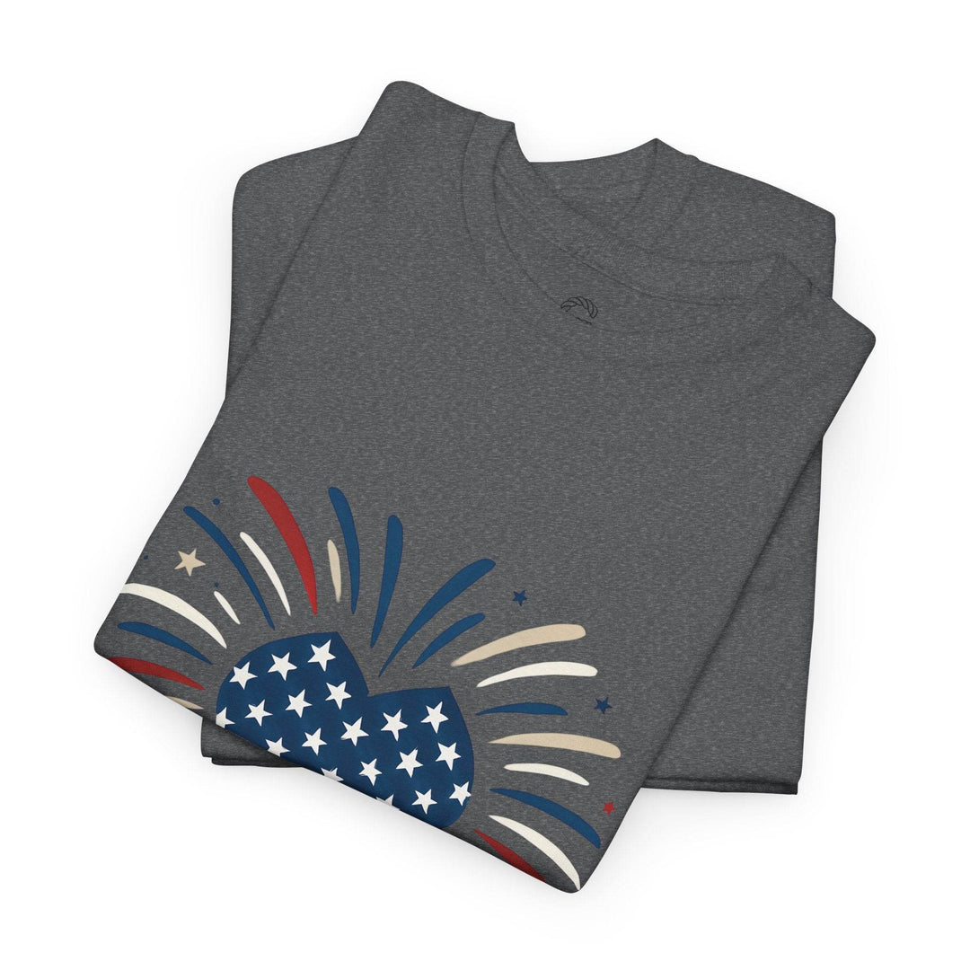 Patriotic Comfort Tee with Fireworks Heart Design - Gutsy Garb
