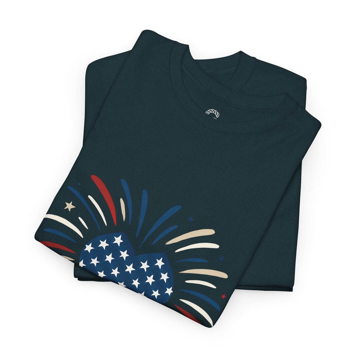 Patriotic Comfort Tee with Fireworks Heart Design - Gutsy Garb