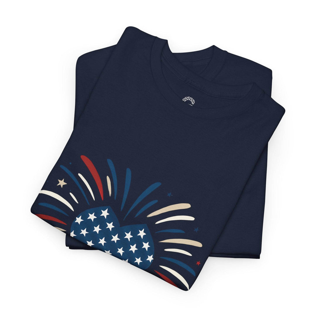 Patriotic Comfort Tee with Fireworks Heart Design - Gutsy Garb