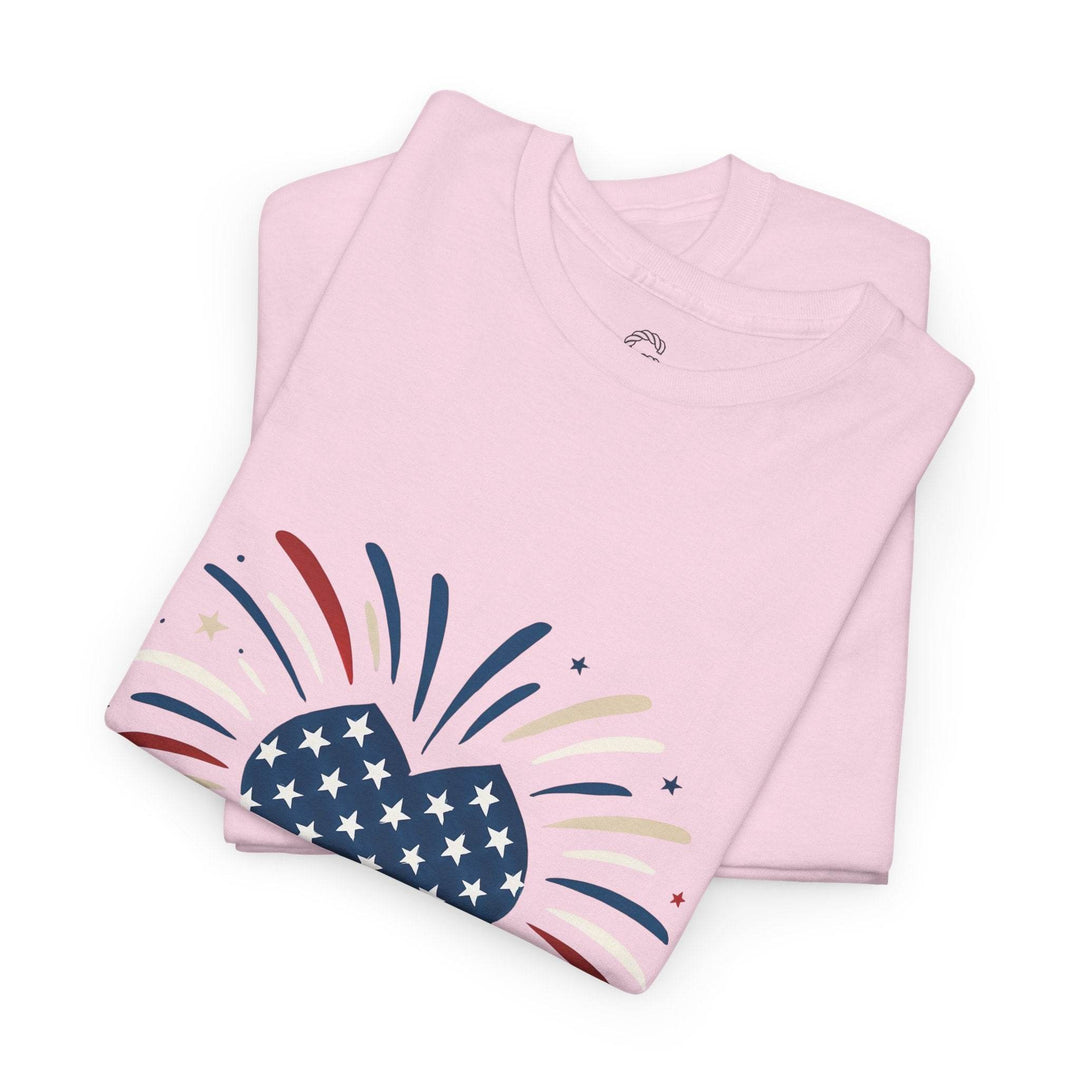 Patriotic Comfort Tee with Fireworks Heart Design - Gutsy Garb