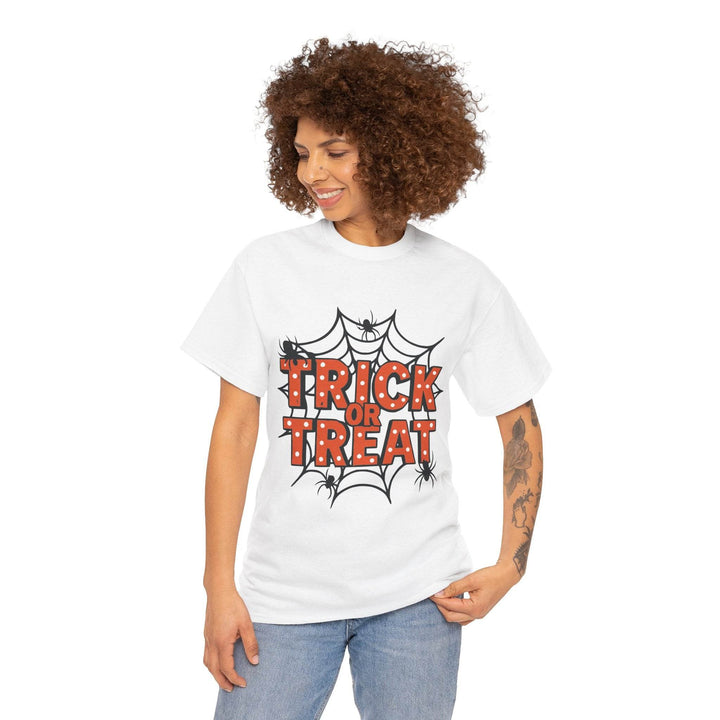 Halloween Trick or Treat Shirt with Spider Web Design - Gutsy Garb