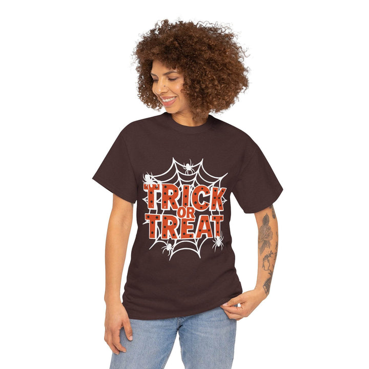 Halloween Trick or Treat Shirt with Spider Web Design - Gutsy Garb